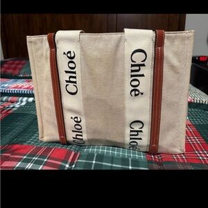 ❤️AUTH. Chloe Woody Medium Tote Bag Canvas Leather Beige Brown❤️